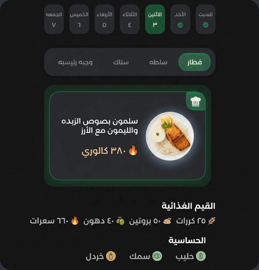 Meal selection menu mockup